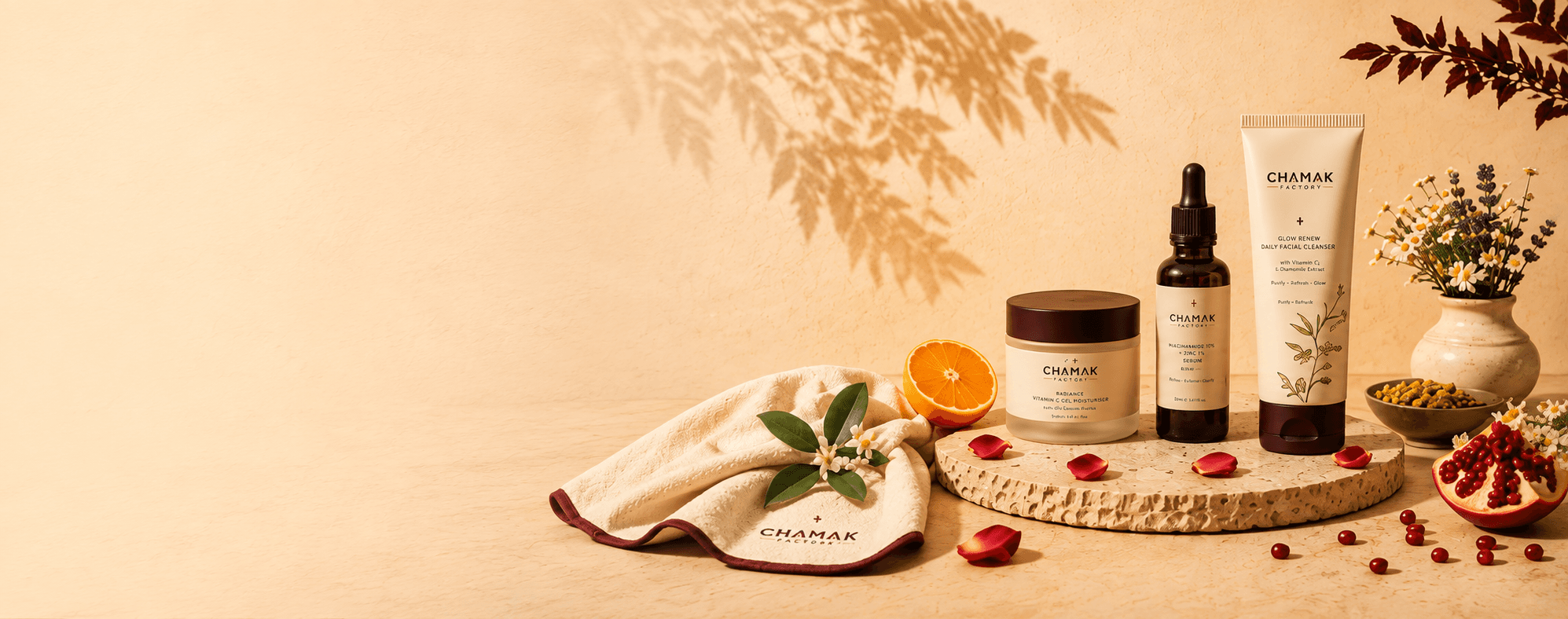 Chamak Factory beauty essentials including moisturizer, serum, and cleanser