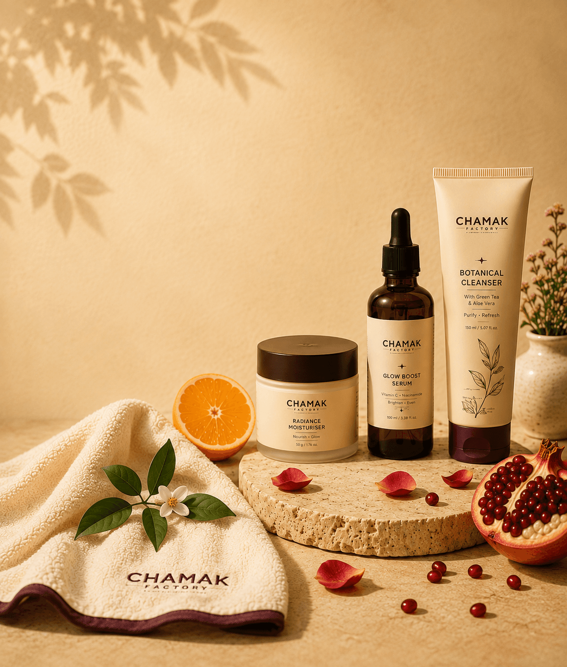 Chamak Factory beauty essentials including moisturizer, serum, and cleanser